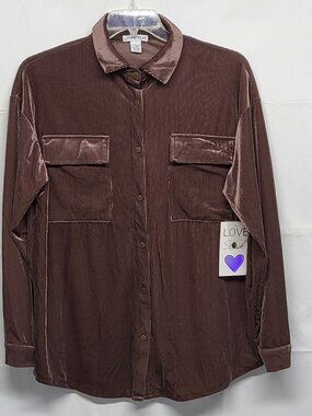 Love Streak Womens Blouse Shirt Slinky Size Large Button Up Brown NEW OLD STOCK